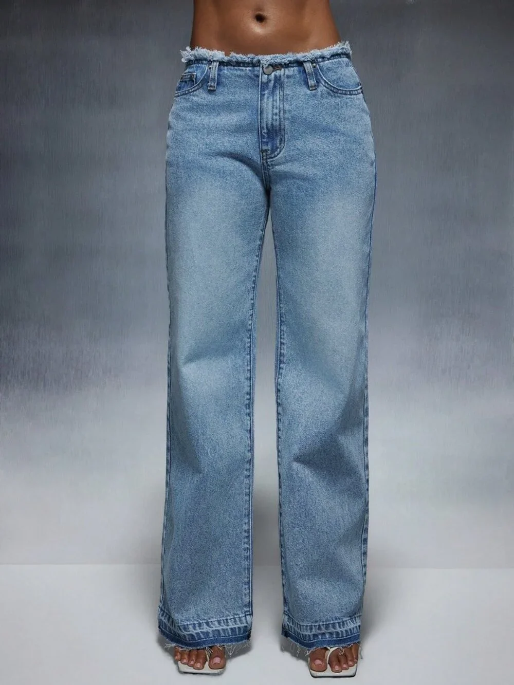 Medium Wash Casual Women's Zipper Fly Low Rise Raw Edge Straight Leg Baggy Jeans